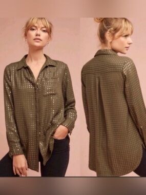 Anthropologie Maeve Olive Green Button Down Sequin Shirt Size XS